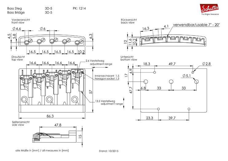 Schaller 3D-5 Bass Brücke 5-saiter gold