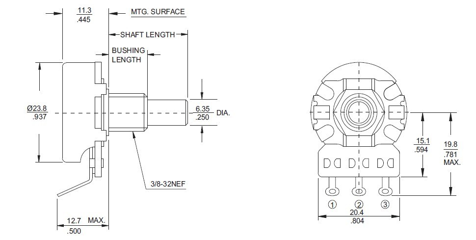 500K A CTS Potentiometer Log., Linkshänder
