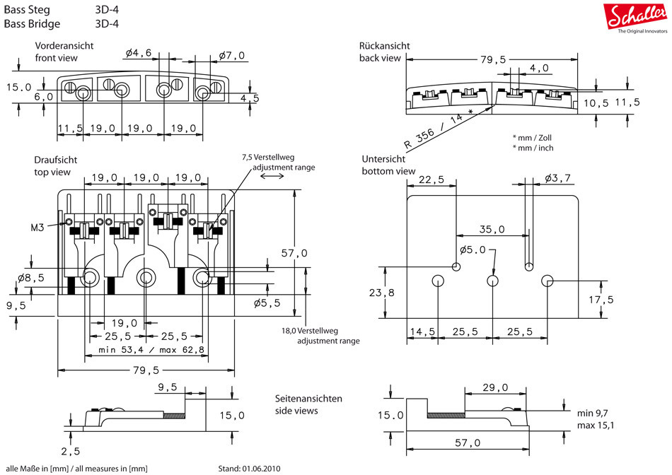 Schaller 3D-4 Bass Brücke 4-saiter chrom